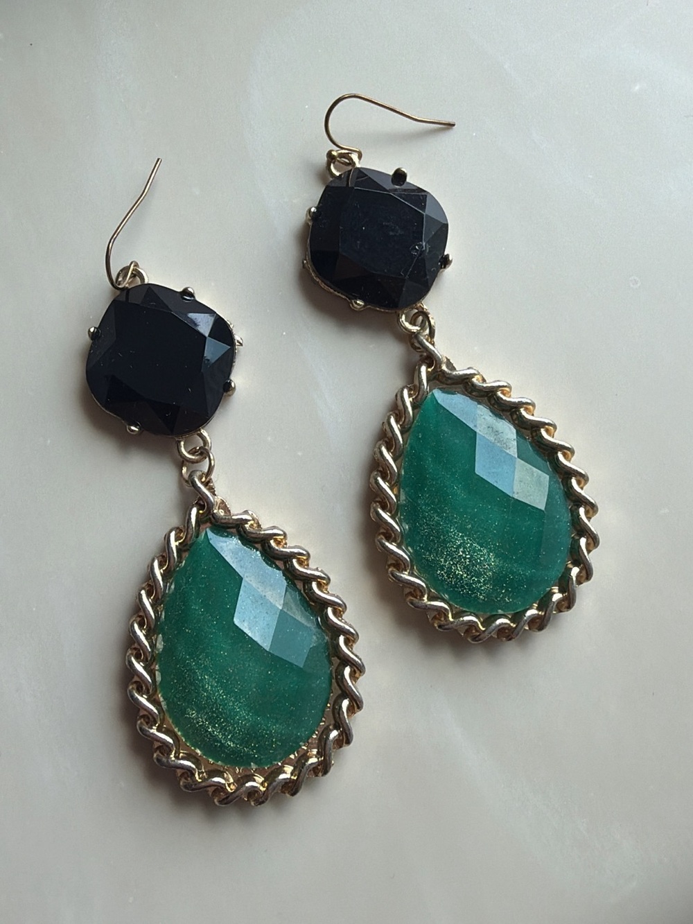 Gold-Trim Green Teardrop & Black Stone Drop Earrings